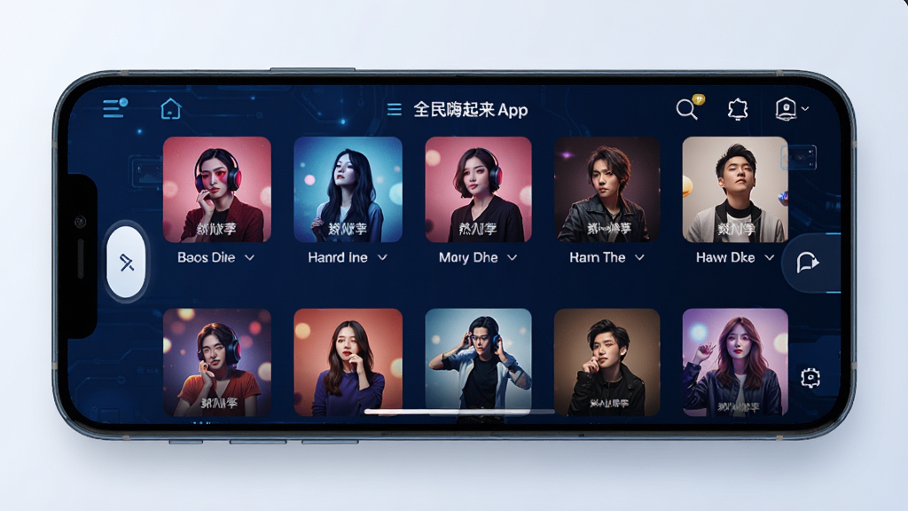 展示全民嗨起来APP歌曲列表界面,手机屏幕中央显示多首热门歌曲封面,滑动选择,背景为深蓝色科技感界面,布局清晰,排版规整,风格现代简约,细节丰富,画质高清干净