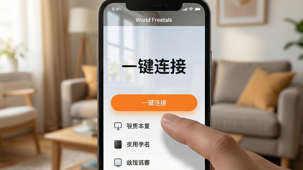 主体:World Freetalk 应用在手机上显示“一键连接”按钮,手指正在点击。布局:手机屏幕特写,背景为家庭客厅场景,光线柔和。排版:屏幕中央大字显示“一键连接”,下方有设备名称列表。风格:温馨实用风格。细节:连接按钮为橙色高亮,屏幕反射自然光,画面干净。画质:高清,干净,无多余元素。