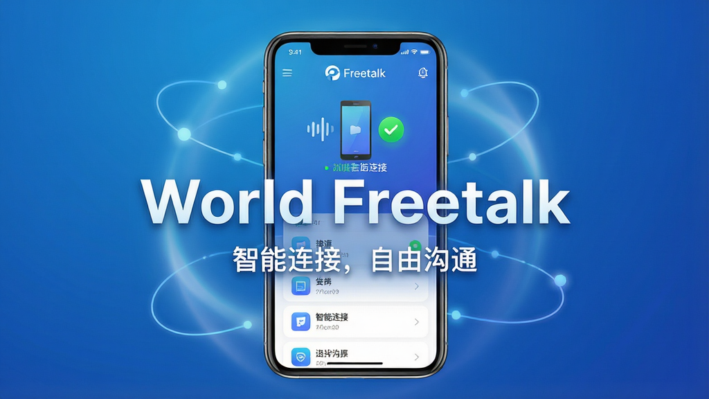 主体:一款名为“World Freetalk”的智能手机应用界面展示,屏幕中显示设备连接成功动画和功能列表。布局:手机居中,背景为渐变的科技蓝,手机周围有柔和的光效和连接线条。排版:主标题“World Freetalk”醒目居中,下方辅以“智能连接,自由沟通”标语,整体视觉层次分明。风格:现代科技感,明亮通透。细节:界面图标清晰,连接状态指示灯为绿色,画面干净无多余元素。画质:高清渲染,细节丰富,干净,无多余元素。