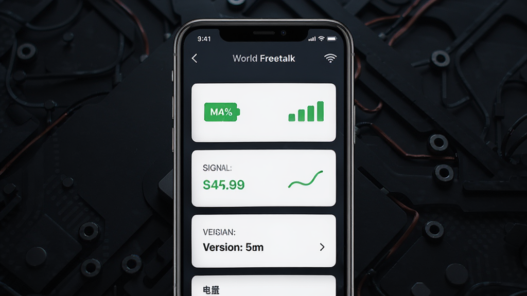 主体:World Freetalk 应用界面展示设备详情页,包含电量、信号、版本信息。布局:手机屏幕居中,背景为深色科技纹理。排版:信息以卡片式排列,图标清晰,数据可视化。风格:极简商务风。细节:电量图标为绿色,信号强度为四格,界面整洁。画质:高清,干净,无多余元素。