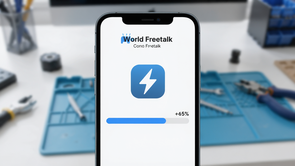 主体:World Freetalk 应用固件升级页面,显示进度条。布局:手机屏幕中央,背景为简洁的工作台。排版:进度条为蓝色,百分比数字清晰可见。风格:科技简洁风。细节:升级图标带有闪电标识,背景虚化,画面干净。画质:高清,干净,无多余元素。