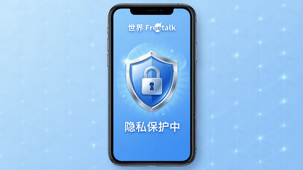 主体:World Freetalk 应用安全中心页面,显示加密锁图标。布局:手机屏幕居中,背景为浅蓝色渐变。排版:中央有盾牌与锁的组合图标,下方文字“隐私保护中”。风格:安全可信赖风格。细节:盾牌图标带有光泽,背景有细微的网格纹理。画质:高清,干净,无多余元素。