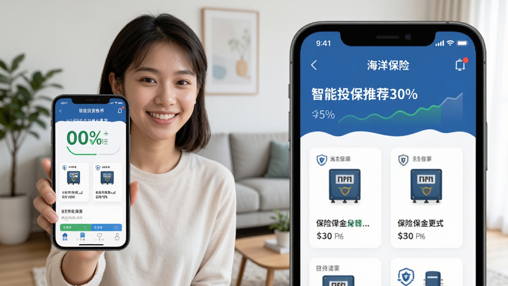 主体为一位年轻用户手持手机观看“海洋保险”APP的智能投保推荐页面,页面展示匹配度百分比和推荐的保险产品卡片,布局为左手机右页面放大展示,背景为现代简约客厅,排版有层次感,风格清新自然,细节包括手机屏幕上的图文信息和用户微笑表情,画质高清,干净无多余元素