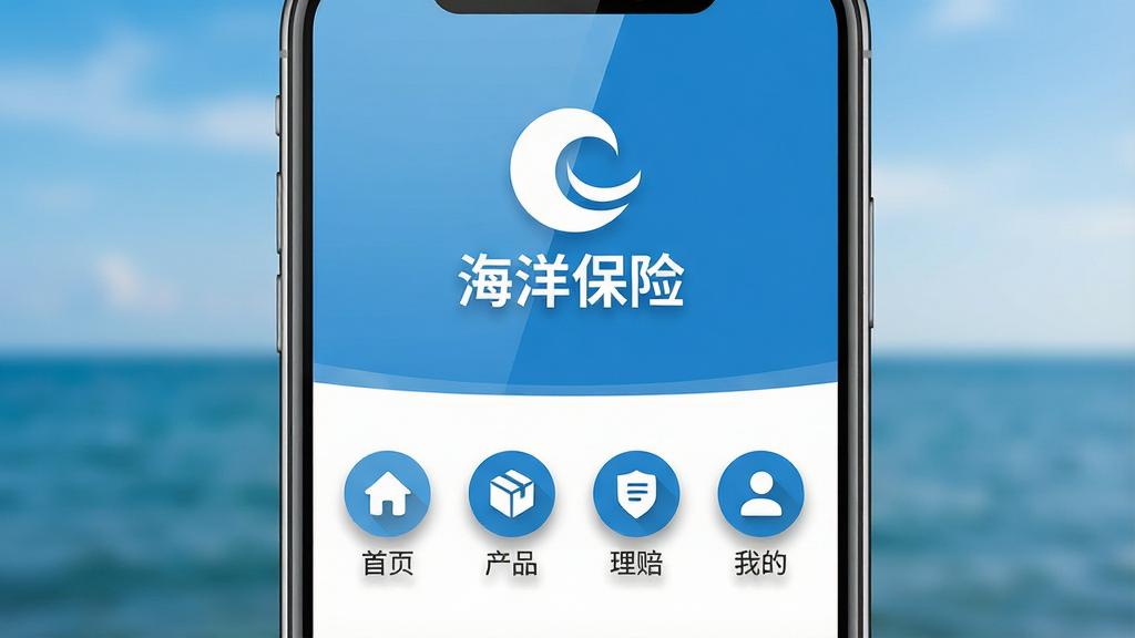画面主体为智能手机屏幕特写,屏幕内清晰显示“海洋保险”APP界面,界面风格为清新蓝色调,上方有白色波浪形logo,下方排列着“首页”“产品”“理赔”“我的”四个圆形功能图标,背景是虚化的海面与天空,布局居中构图,排版简洁,风格现代扁平化,细节包括屏幕反光与图标阴影,画质高清干净,无多余元素,图片中文字需正确显示为“海洋保险”