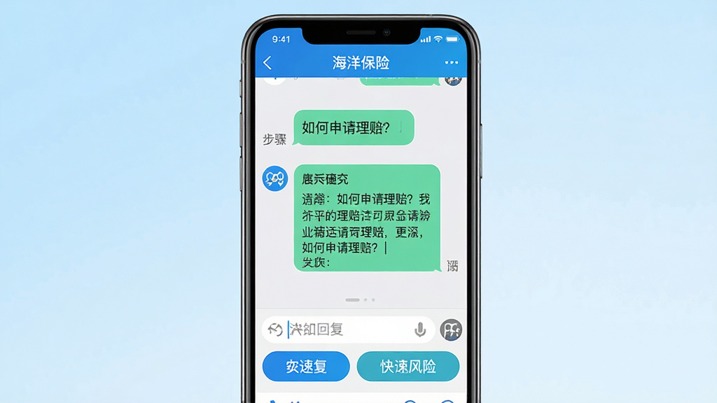 主体为一部手机竖屏显示“海洋保险”APP的客服对话界面,对话框内有用户提问“如何申请理赔?”和机器人回答的步骤,背景为简洁的浅蓝渐变,布局中心构图,排版清晰,风格清新商务,细节包括输入栏与快捷回复按钮,画质高清,干净无多余元素,图片中文字需正确显示