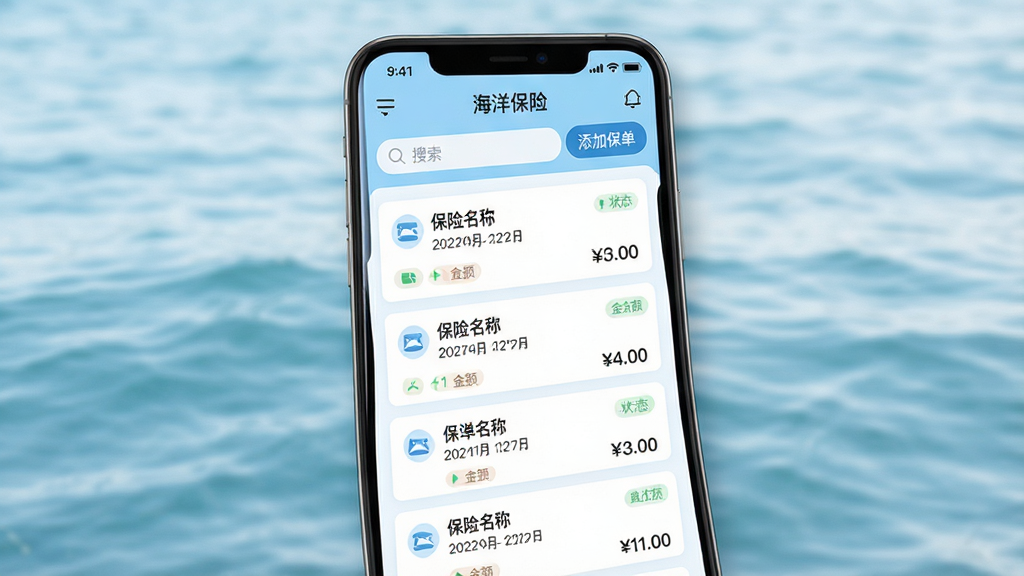 主体为手机屏幕展示“海洋保险”APP的保单管理页面,以浅蓝与白色为主的界面中,多张保险单以卡片形式纵向排列,每张卡片包含保险名称、日期与金额,布局整齐,顶部有搜索栏和“添加保单”按钮,背景为羽化的海波纹,排版清爽,风格简约商务,细节包括每张卡片上的小图标与状态标签,画质干净明亮,无多余元素
