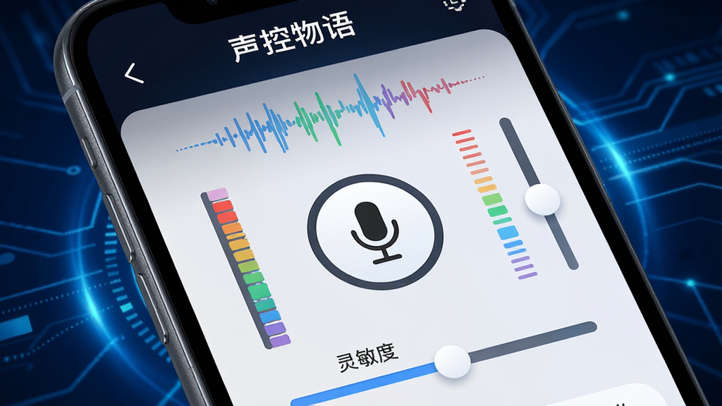 特写手机屏幕展示声控波形动态图谱,界面简洁,中央有圆形麦克风图标,四周环绕不同颜色的音量条与灵敏度设置滑杆,背景为深蓝色科技感光效,画面干净整洁,突出“声控物语”品牌名称,屏幕上方显示“声控物语”字样,画质细腻,无多余元素
