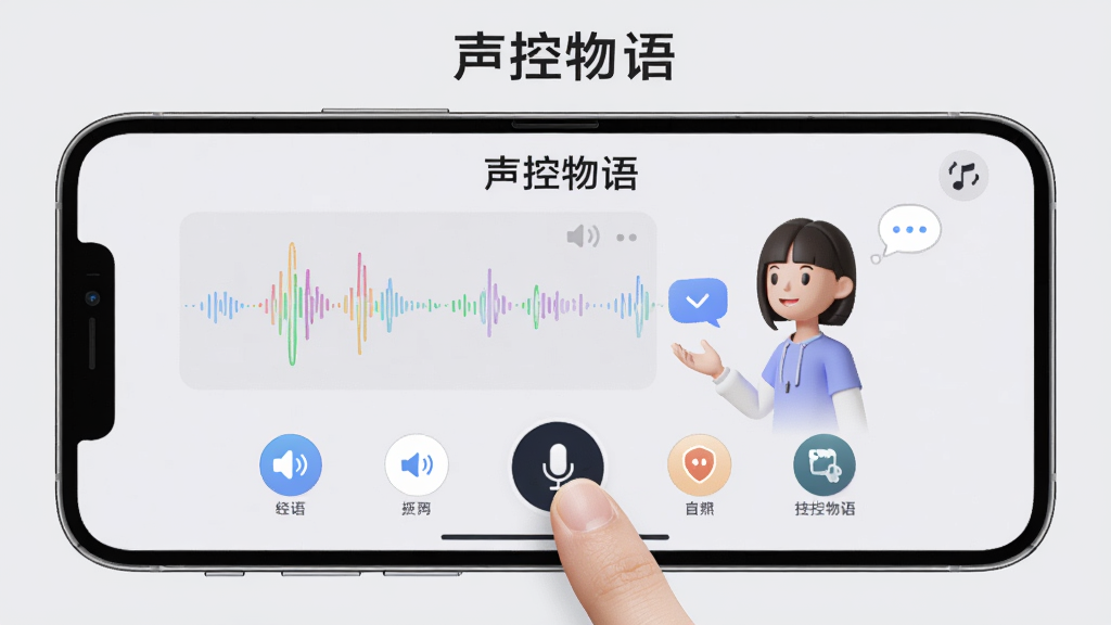 展示手机横屏使用“声控物语”的界面,屏幕上有音量波形图与虚拟角色互动动画,用户手指轻按麦克风按钮,界面清晰显示各项功能图标,背景为浅灰色调,画质干净,突出“声控物语”品牌,屏幕上方有“声控物语”字样,布局舒适,无多余元素