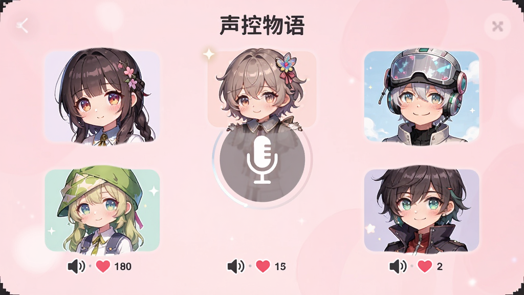 展示“声控物语”应用的角色选择界面,屏幕上排列着五个风格各异的二次元角色头像,每个头像下方有音量图标与爱心数值,界面背景为淡粉色渐变,角色立绘精致细腻,主视觉中央有一个麦克风符号,整体画风清新可爱,布局整齐,画质清晰干净,无多余杂物