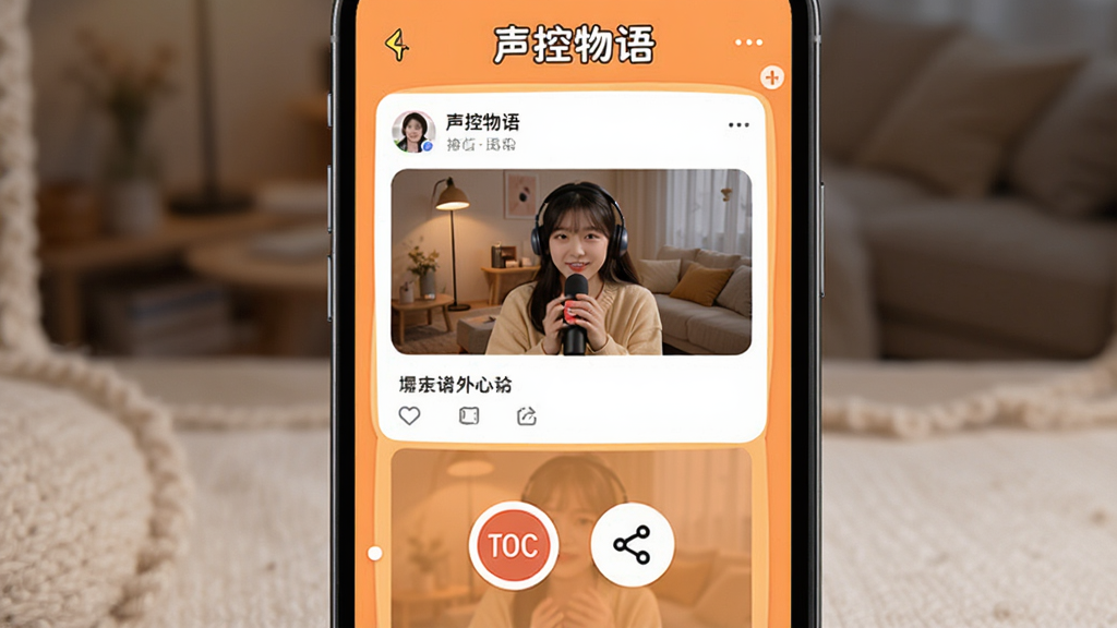 展示“声控物语”的社区分享界面,手机屏幕上有用户发布的短视频缩略图,画面中央有录制按钮与分享图标,背景为暖色调社区页面,顶部有“声控物语”字样,界面风格活泼,配图清晰,画质干净,无多余元素