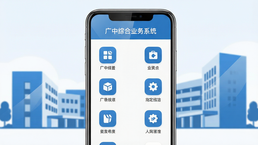 主体:广中综合业务系统APP界面展示,手机屏幕显示主菜单图标,背景是现代化校园建筑轮廓;布局:手机居中,界面元素清晰排列,顶部显示“广中综合业务系统”字样,下方功能图标网格排布;排版:简洁直观,图标下方配文字标签;风格:扁平化设计,蓝色主色调,搭配白色背景,整体明亮清爽;细节:屏幕反射微弱光泽,图标精致,文字清晰可读;画质:高清渲染,干净,无多余元素