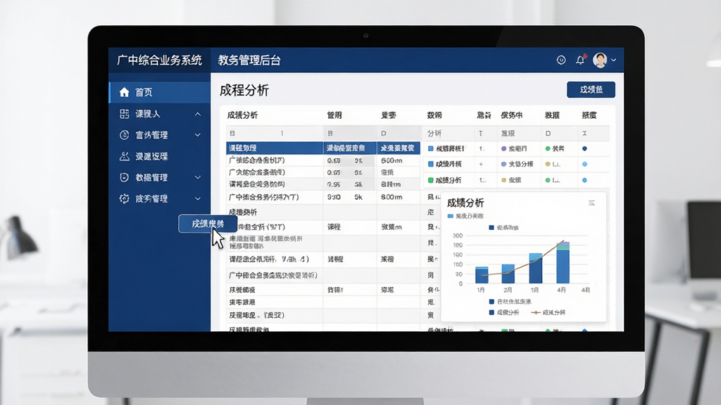 主体:广中综合业务系统教务管理后台界面,电脑屏幕显示课程表与成绩单;布局:屏幕居中,左侧为功能导航栏,右侧为数据表格;排版:表格行列清晰,导航栏图标化;风格:商务质感,深蓝与白色配色;细节:屏幕上有“成绩分析”图表,光标指针悬停在按钮上;画质:高清,干净,无多余元素