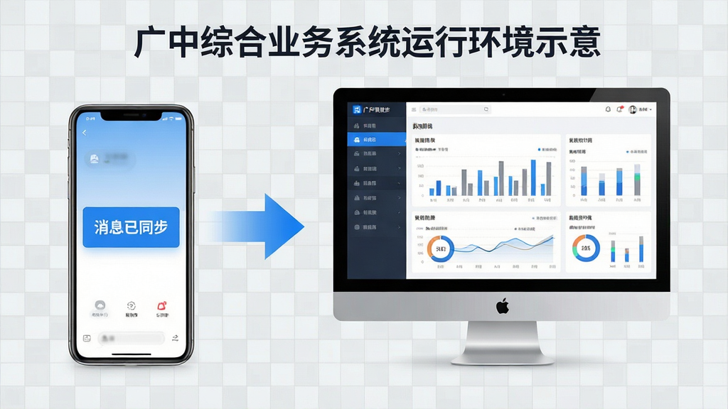 主体:广中综合业务系统运行环境示意,手机与电脑并排,屏幕显示应用界面;布局:左手机右电脑,中间用同步箭头连接;排版:设备居中,背景为浅灰色网格;风格:科技感,蓝色与灰色调;细节:手机屏幕显示“消息已同步”提示,电脑屏幕显示数据图表;画质:高清,干净,无多余元素