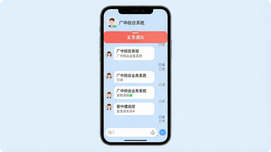 主体:广中综合业务系统家校聊天界面,手机显示对话气泡与通知横幅;布局:手机竖屏,顶部为联系人姓名,下方依次排列消息列表,底部为输入框;排版:气泡式对话,清晰易读;风格:柔和圆角,浅蓝色背景,白色气泡;细节:消息旁显示“已读”小字,横幅标注“紧急通知”;画质:高清,干净,无多余元素
