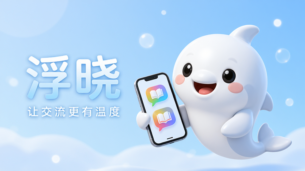 画面主体为浮晓APP的3D吉祥物形象,一个圆润可爱、面带微笑的白色小海豚,手持一部亮屏的智能手机,屏幕中显示浮晓的彩色对话气泡与书本图标。布局采用中心构图,吉祥物位于画面中央偏右,左侧留白区域以浅蓝色渐变大字书写“浮晓”二字,下方一行小字“让交流更有温度”。整体排版清爽,背景为柔和的淡蓝色渐变与漂浮的白色光斑,风格为扁平化结合轻微拟真质感,细节圆润无锐角。画质高清,干净无多余元素。