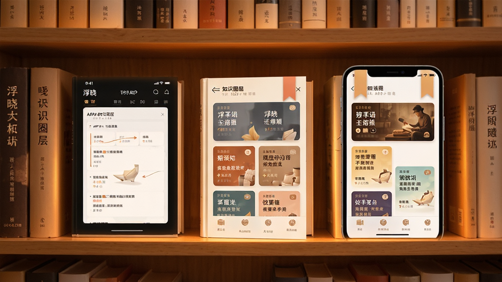 画面主体为浮晓APP的知识圈层界面,以书架为背景,书籍排列整齐,其中几本书的封面上显示浮晓的界面截图,内容为不同主题的知识卡片。布局为平视视角,书架占据画面主体,手机屏幕中的卡片带有书签样式。排版整齐,风格为温馨的暖色调,细节包括书脊上的文字与微光效果。画质干净,无多余元素。