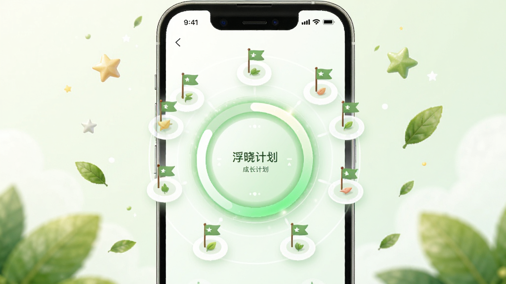 画面主体为浮晓APP的成长计划界面,屏幕中显示一个圆形进度环,周围分布着多个任务节点,每个节点上有一个小旗帜图标。布局采用环状构图,手机屏幕位于画面中央,周围漂浮着星星与绿叶装饰。风格为清新自然,主色调为淡绿色与白色,细节包括进度环上的发光效果。画质干净,无多余元素。