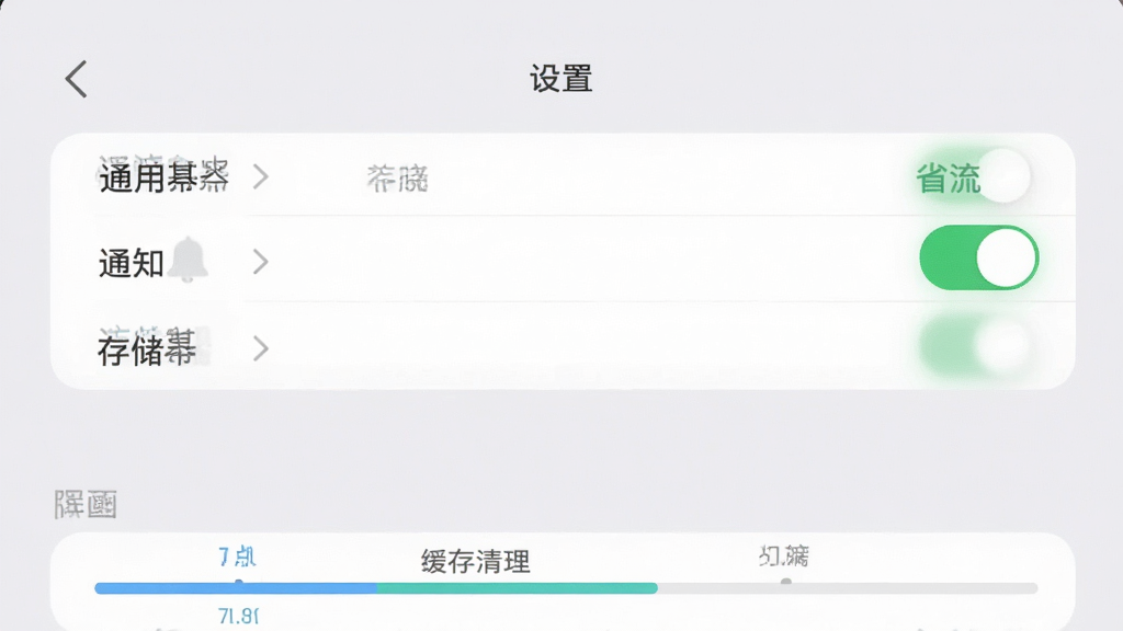 画面主体为浮晓APP的“设置”界面,屏幕中显示“通用”、“通知”、“存储”等选项,其中“智能省流”右侧开关为开启状态(绿色)。布局为手机屏幕居中,背景为淡灰色,屏幕下方有模拟的缓存清理进度条。风格为简洁的扁平化设计,细节包括选项右侧的箭头图标。画质高清,干净无多余元素。