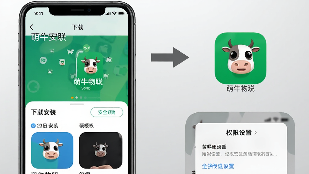 萌牛物联安装使用步骤图:画面左侧为手机应用商店下载界面,右侧为手机桌面上的萌牛物联图标,中间用箭头连接,下方展示简洁的权限设置弹窗,背景为浅灰色渐变,整体风格干净直观,突出安全安装与授权过程,画质高清,无多余元素