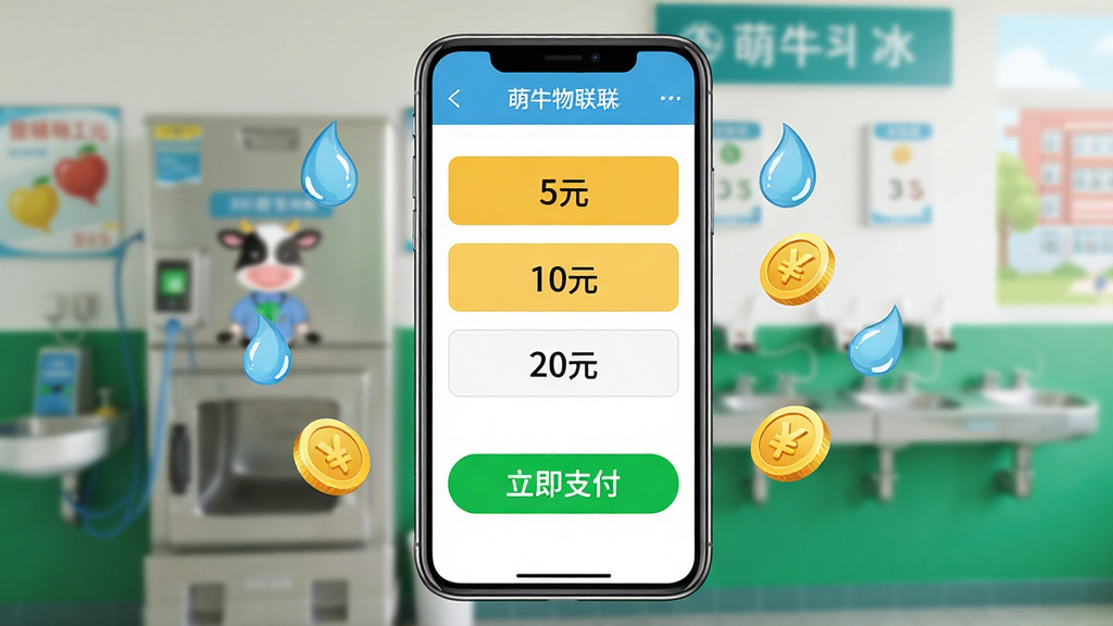 萌牛物联在线充值界面示意图:画面中央是一部智能手机,屏幕显示充值页面,金额选择按钮如“5元”、“10元”、“20元”排列整齐,底部有“立即支付”绿色醒目按钮,手机周围点缀着水滴与金币的小图标,背景虚化的校园开水房场景,色彩明亮活泼,突出移动支付的便捷性,画质干净清晰,无多余元素