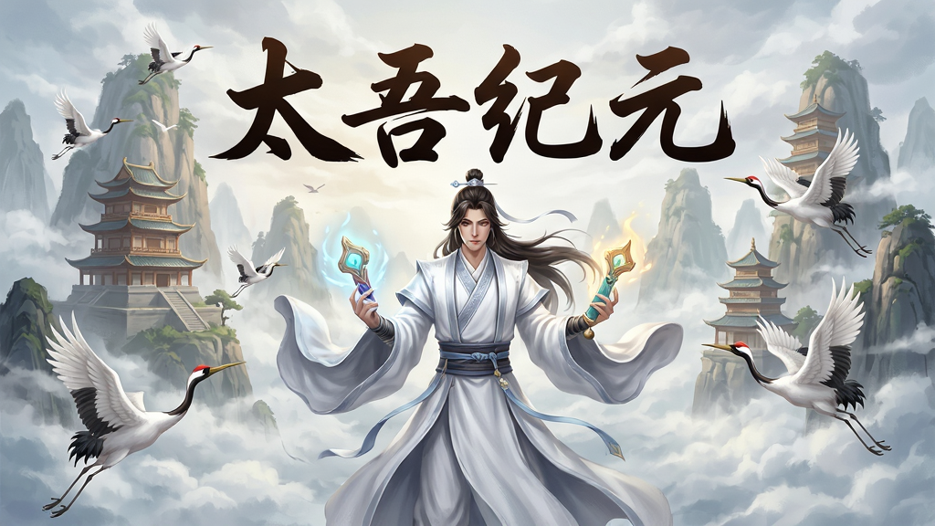 一张精美的《太吾纪元》游戏宣传海报,主体为一位飘逸的古风修仙角色,身着白色长袍,手持发光的法宝,背景是云雾缭绕的仙山楼阁与翱翔的仙鹤,画面中央上方有“太吾纪元”四个大字,整体布局大气磅礴,排版精致,采用中国风唯美插画风格,细节丰富,画质清晰干净,无多余元素。