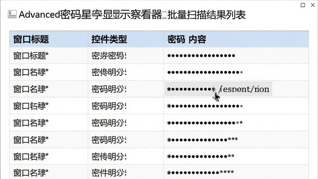 主体:Advanced密码星号显示察看器批量扫描结果列表,表格中列出多个窗口名称和对应的密码明文。布局:界面主体为扫描结果表格,表头有