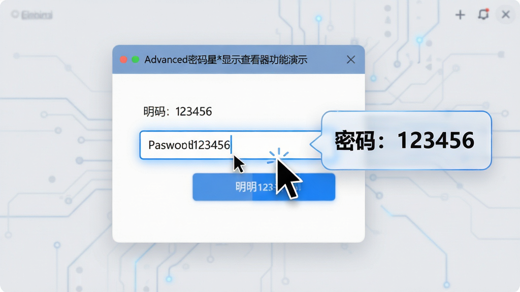 主体:Advanced密码星号显示察看器功能演示,鼠标指针悬停在一个密码输入框上,旁边弹出透明气泡显示明文密码。布局:主界面中央有一个模拟登录窗口,鼠标指针清晰可见,气泡提示在右侧。排版:简洁直观,突出鼠标指针与气泡的联动关系。风格:清新科技风,浅灰色背景,蓝色高亮。细节:气泡提示框内有