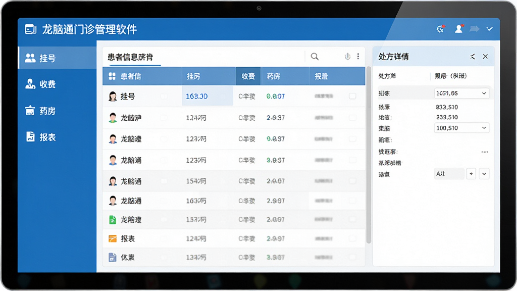 龙脑通门诊管理软件主界面预览图,布局清晰,左侧功能导航栏包含挂号、收费、药房、报表,中间为患者信息列表,右侧为处方详情面板,整体风格简约商务,蓝白配色,界面干净明亮,细节丰富,高清画质