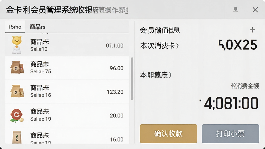 金卡利会员管理系统收银结算操作界面,左侧为商品列表,右侧显示会员储值卡信息和本次消费金额,底部有“确认收款”“打印小票”两个按钮,界面简洁,数字显示清晰,背景为浅灰色,画质干净,无多余元素