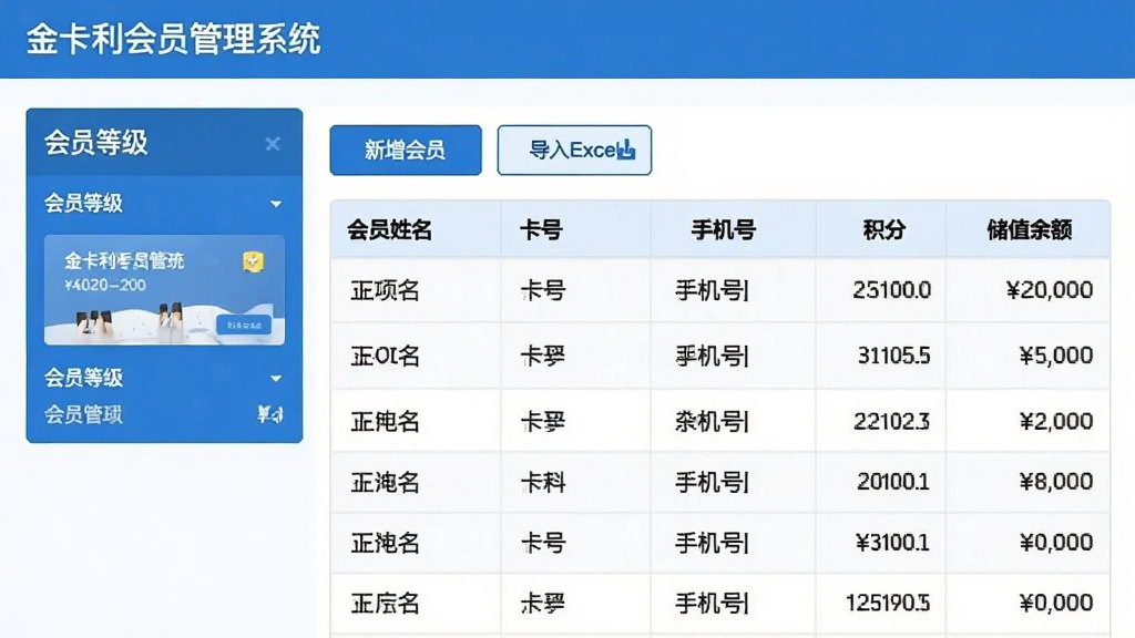 金卡利会员管理系统的会员列表页面截图,页面左侧为会员等级筛选栏,右侧表格中显示会员姓名、卡号、手机号、积分和储值余额,表格上方有“新增会员”“导入Excel”按钮,整体排版整齐,UI以蓝白为主色调,画质清晰干净,无多余元素