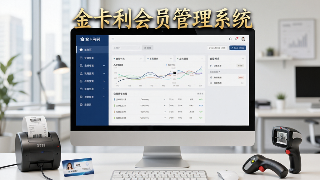 画面中央是金卡利会员管理系统的电脑端主界面,左侧深蓝色功能导航栏,右侧浅灰色数据看板,顶部显示“金卡利会员管理系统”金色艺术字,桌面上放有会员卡、小票打印机和扫码枪,整体风格商务简洁,色彩明亮,画质清晰干净,无多余元素