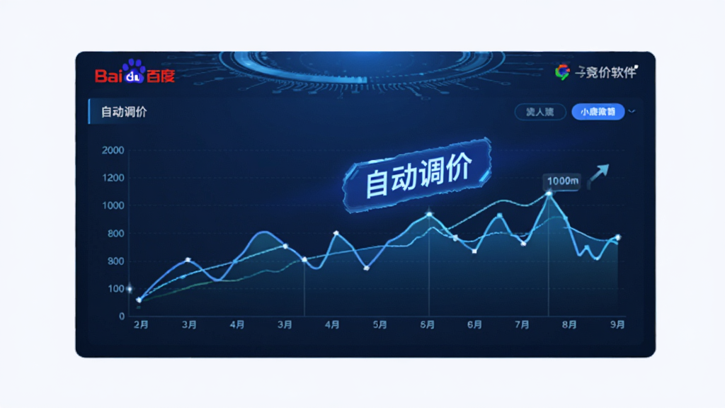 展示小鹿百度推广竞价软件自动调价功能面板,以折线图呈现价格波动,并标注