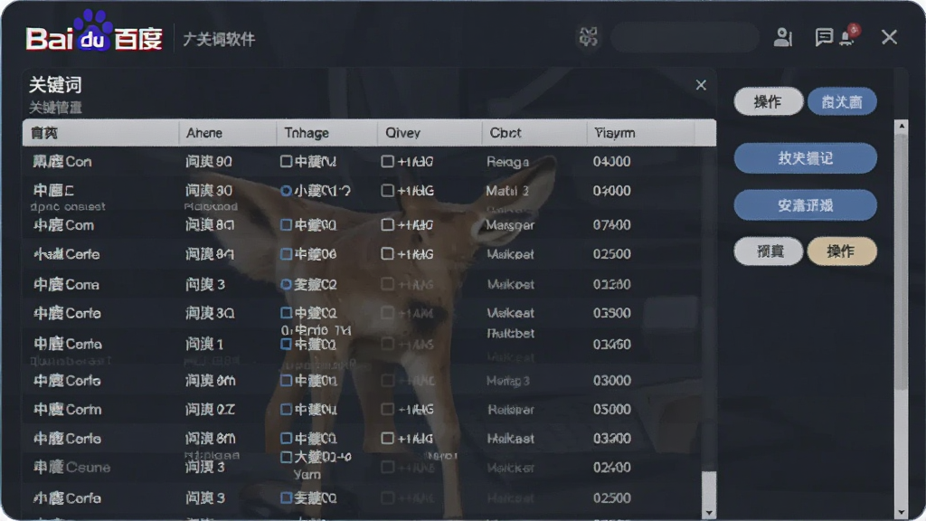 展示小鹿百度推广竞价软件关键词批量管理界面,左侧为关键词列表,右侧为操作按钮,表格清晰,背景简洁,商务大气,画质高清,无多余元素