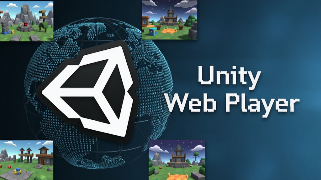 画面中央展示Unity Web Player的图标,背景为抽象的3D网格地球,周围环绕着多个色彩斑斓的立体游戏场景缩略图,整体呈现出科技感与沉浸感。布局采用横幅式设计,图标位于左侧,右侧为渐变蓝色背景搭配白色文字说明“Unity Web Player”,风格为现代扁平化结合轻微拟物阴影,细节丰富,画质高清,干净无多余元素。