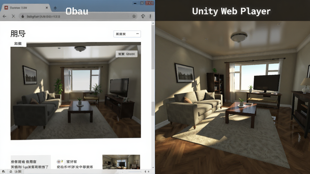 一组并排对比图,左侧为普通的网页画面,右侧为使用Unity Web Player后展示的高精度3D室内场景,带有实时光影和反射效果。布局采用分屏对比形式,风格写实,细节丰富,画质高清,干净无多余元素。