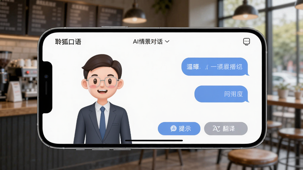 手机横屏展示“聆狐口语”AI情景对话界面,左侧是虚拟外教卡通形象,右侧是用户文字气泡,下方有“提示”“翻译”按钮,背景是模糊的咖啡馆实景,界面简洁,风格清新,画质干净,无多余元素