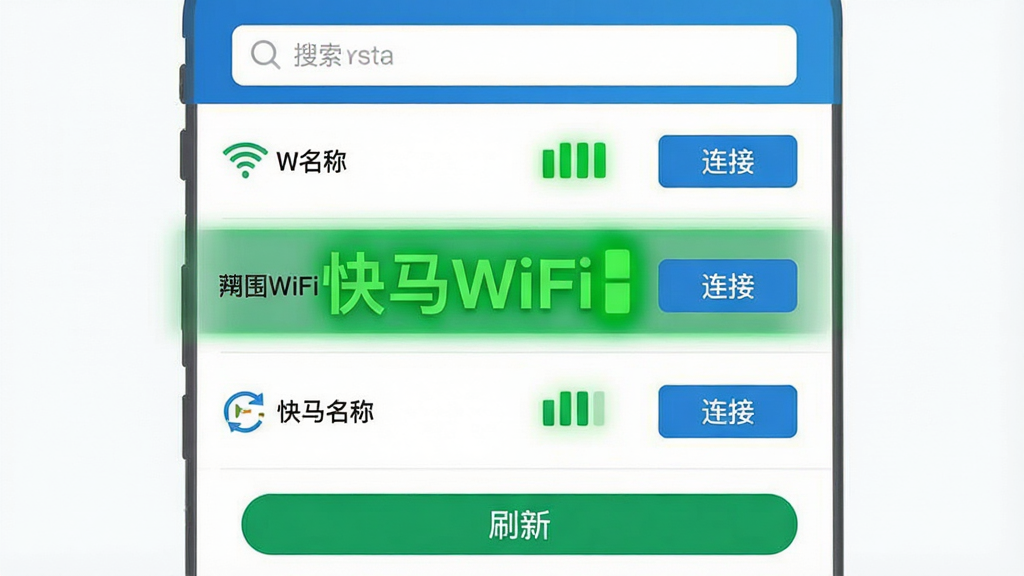 主体:手机应用“快马WiFi”展示周围Wi-Fi热点列表,信号强度以绿色满格图标突出。布局:列表自上而下排列,每个条目包含Wi-Fi名称、信号图标和“连接”按钮。排版:条理清晰,重点网络高亮显示。风格:扁平化设计,绿色和蓝色搭配。细节:底部有“刷新”按钮,顶部搜索栏。画质:高清界面截图风格,干净无多余元素。