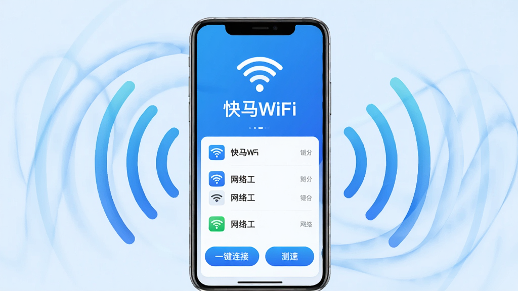 主体:一部智能手机屏幕显示“快马WiFi”主界面,周围环绕Wi-Fi信号波纹。布局:手机居中,上方有Wi-Fi图标和“快马WiFi”字样,下方列出几个网络列表。排版:简洁清晰,信号图标和网络名称对齐。风格:现代科技感,蓝色主色调,背景浅蓝渐变。细节:界面显示“一键连接”、“测速”按钮,信号波纹动态感。画质:高清渲染,干净无多余元素。