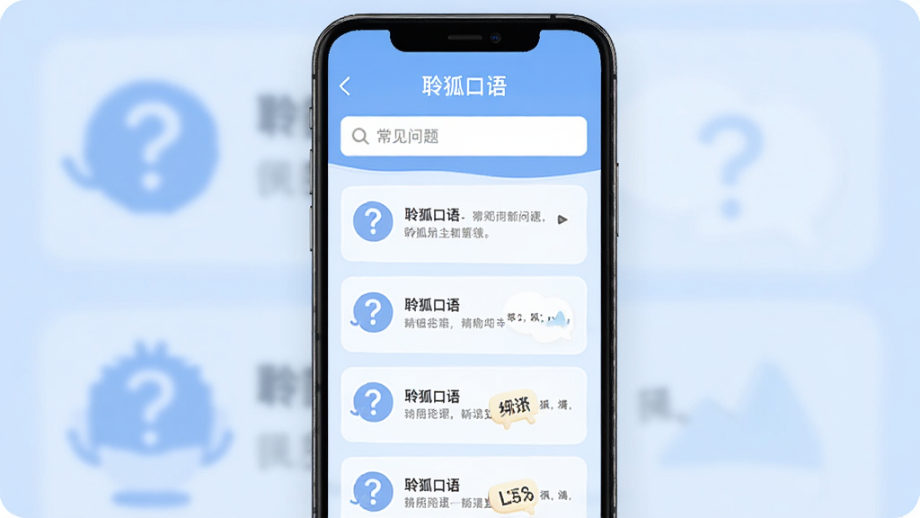 手机竖屏展示“聆狐口语”使用指南页面,顶部有“常见问题”搜索框,下方列出几个问号图标的问题条目,背景是淡蓝色,界面简洁,风格扁平,画质干净,无多余元素