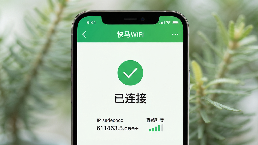 主体:一部手机使用“快马WiFi”连接成功后的界面,显示“已连接”和网络速度。布局:手机屏幕中央有绿色对勾和“已连接”字样,下方显示IP地址和信号强度。排版:简洁明了。风格:清新绿色调。细节:背景虚化,突出手机屏幕。画质:高清摄影风格,干净无多余元素。