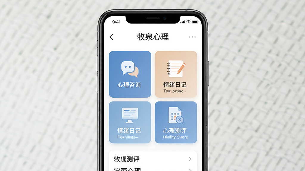 一张手机展示牧泉心理应用界面的高清图片,主体为手机屏幕,屏幕内显示牧泉心理的首页界面,包含“心理咨询”、“情绪日记”、“心理测评”等模块,布局清晰,排版简洁,风格为现代扁平化设计,色调以温暖蓝色和白色为主,画质干净,无多余元素