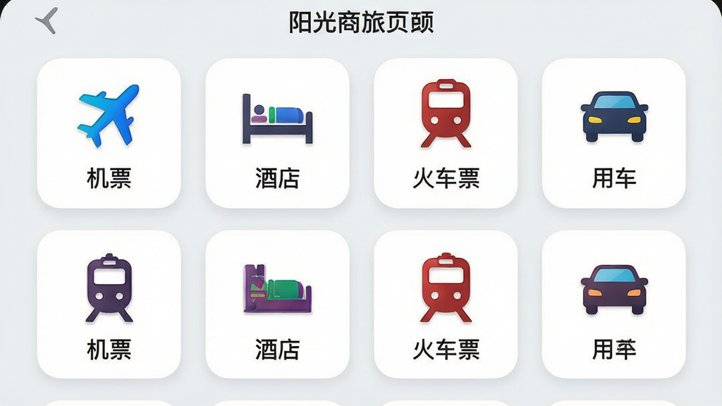 主体:阳光商旅APP的预订功能页面,展示机票、酒店、火车票等图标入口;布局:页面分为上下两排,每个功能以圆角卡片呈现,排列整齐;排版:卡片式布局,间距均匀,图标下方有文字标签;风格:清新商务风,背景为浅灰色,图标色彩鲜艳;细节:卡片上标注“机票”“酒店”“火车票”“用车”等字样,整体界面干净利落;画质:高分辨率,干净,无多余元素