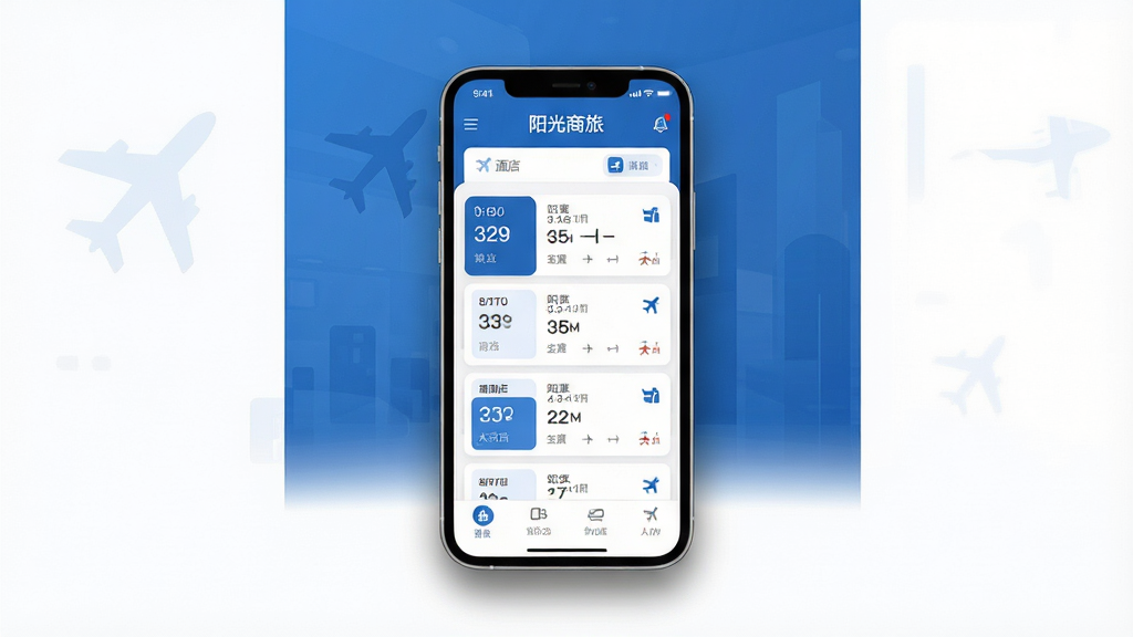 主体:阳光商旅APP的界面展示,手机屏幕中显示机票酒店预订主页面,背景为蓝色商务风格;布局:手机位于画面中央,四周留白,屏幕内容清晰可见;排版:手机竖屏展示,上下方有柔和阴影;风格:现代商务风,扁平化设计,色彩以蓝白为主;细节:屏幕中可见“阳光商旅”字样及航班信息列表,界面简洁,图标圆润;画质:超清,干净,无多余元素