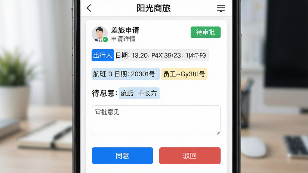 主体:阳光商旅APP的审批流程界面,显示某位员工的差旅申请单,状态为“待审批”;布局:屏幕上方为申请详情,下方有“同意”“驳回”按钮;排版:信息流式布局,重点字段高亮显示;风格:商务简洁风,白色背景,蓝色按钮;细节:申请单中包含出行人、日期、航班号等文字,审批意见栏清晰可见;画质:细腻,干净,无多余元素