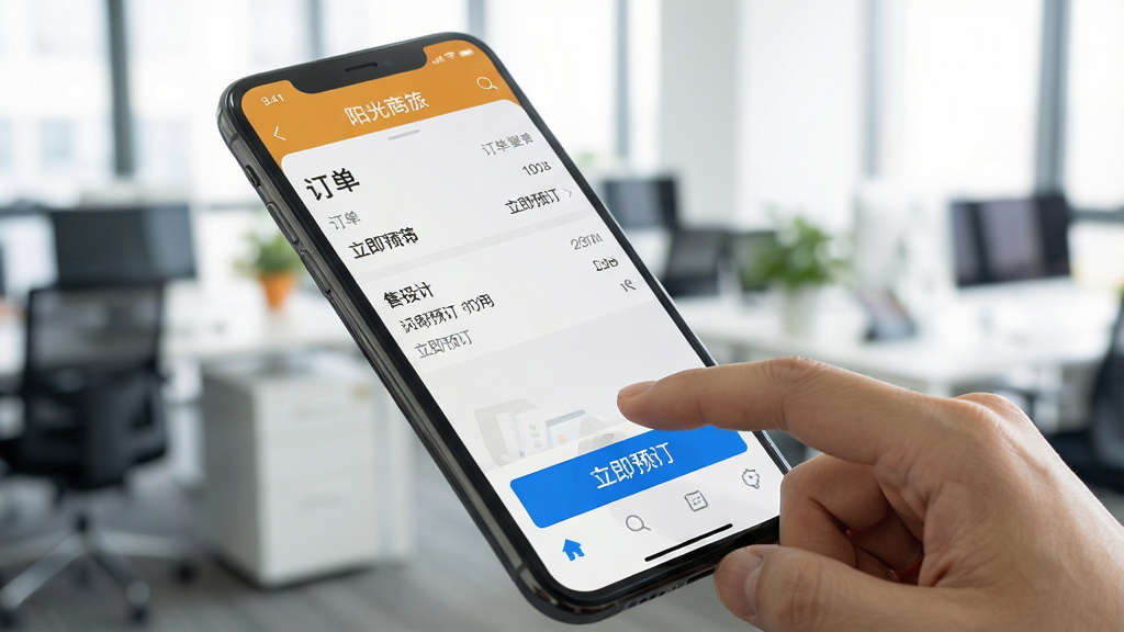 主体:用户正在手机上操作阳光商旅APP,手指点击“立即预订”按钮;布局:手机特写占画面三分之二,背景为模糊的办公室环境;排版:手机屏幕朝上,角度倾斜;风格:写实摄影风,光线明亮;细节:屏幕中可见订单详情页面,按钮为蓝色,文字“立即预订”清晰可读;画质:高清,干净,无多余元素