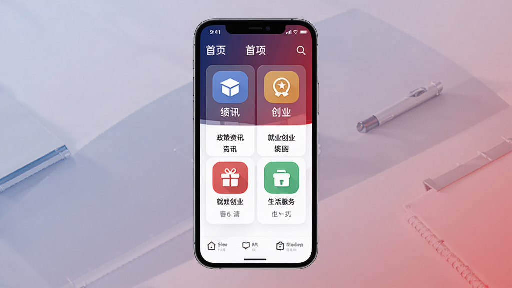 中戎凯旋APP主界面预览图,手机屏幕内展示首页功能模块,包含政策资讯、就业创业、生活服务等彩色图标,整体布局清晰简洁,背景采用庄重的深蓝与红色渐变,画质干净,无多余元素。