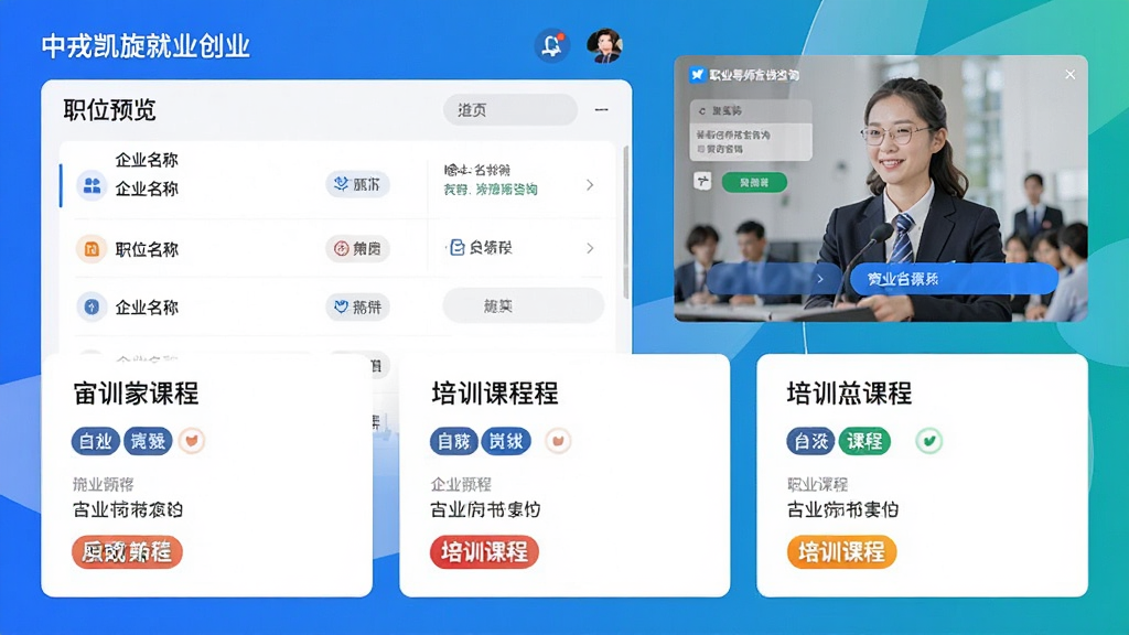 中戎凯旋就业创业板块功能预览,界面展示职位列表与培训课程卡片,包含企业名称与岗位标签,背景有职业导师在线咨询窗口,设计现代专业,色彩明快,画质干净清晰。