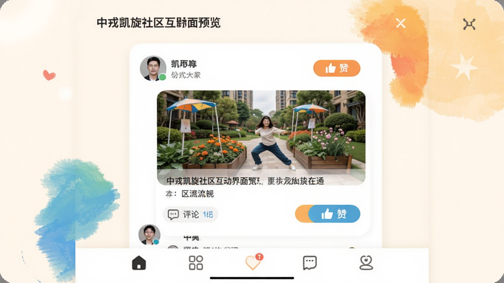 中戎凯旋社区互动界面预览,展示动态信息流,包含用户头像、昵称与图文内容,有评论点赞按钮,底部导航栏清晰,设计温馨亲切,浅色背景搭配活力点缀,画质干净。