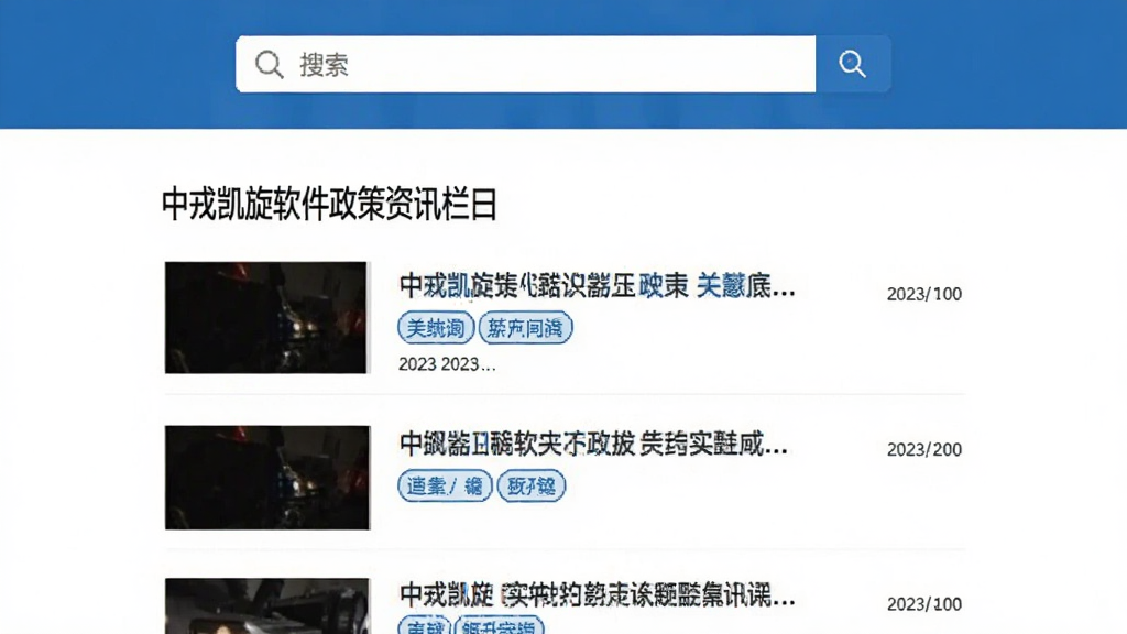 中戎凯旋软件政策资讯栏目截图预览,页面展示新闻列表,配有关键词标签与日期,上方有搜索栏,设计风格简约清晰,蓝白配色为主,画质干净,无多余元素。