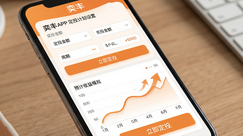 主体:奕丰APP的定投计划设置页面,显示定投金额、周期选择器以及预计收益模拟曲线。布局:手机屏幕内页面滚动展示,上半部分是简洁的表单,下半部分是动态模拟图表。排版:表单控件排列规整,图表区域占比大且直观。风格:暖色调与白色结合,营造友好、积极的理财氛围。细节:屏幕顶部有“奕丰”品牌标识,模拟曲线带有上升箭头,按钮文字“立即定投”清晰可见。画质:精细渲染,干净无多余元素。